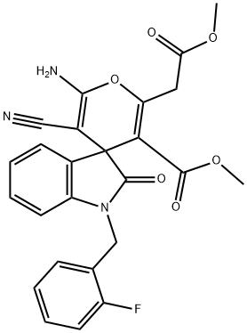 methyl 6-amino-5-cyano-1',3'-dihydro-1'-(2-fluorobenzyl)-2-(2-methoxy-2-oxoethyl)-2'-oxospiro[4H-pyran-4,3'-(2'H)-indole]-3-carboxylate Struktur