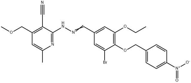 2-{2-[3-bromo-5-ethoxy-4-({4-nitrobenzyl}oxy)benzylidene]hydrazino}-4-(methoxymethyl)-6-methylnicotinonitrile Struktur