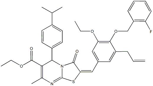 ethyl 2-{3-allyl-5-ethoxy-4-[(2-fluorobenzyl)oxy]benzylidene}-5-(4-isopropylphenyl)-7-methyl-3-oxo-2,3-dihydro-5H-[1,3]thiazolo[3,2-a]pyrimidine-6-carboxylate Struktur