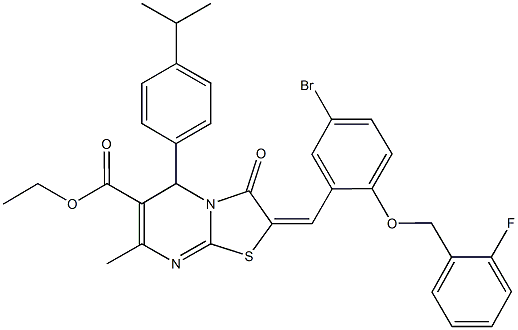 ethyl 2-{5-bromo-2-[(2-fluorobenzyl)oxy]benzylidene}-5-(4-isopropylphenyl)-7-methyl-3-oxo-2,3-dihydro-5H-[1,3]thiazolo[3,2-a]pyrimidine-6-carboxylate Struktur