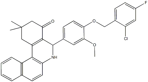 5-{4-[(2-chloro-4-fluorobenzyl)oxy]-3-methoxyphenyl}-2,2-dimethyl-2,3,5,6-tetrahydrobenzo[a]phenanthridin-4(1H)-one Struktur