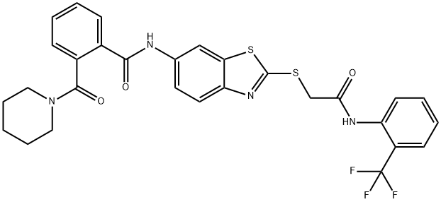 N-[2-({2-oxo-2-[2-(trifluoromethyl)anilino]ethyl}sulfanyl)-1,3-benzothiazol-6-yl]-2-(piperidin-1-ylcarbonyl)benzamide Struktur