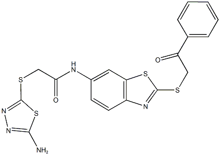 2-[(5-amino-1,3,4-thiadiazol-2-yl)sulfanyl]-N-{2-[(2-oxo-2-phenylethyl)sulfanyl]-1,3-benzothiazol-6-yl}acetamide Struktur