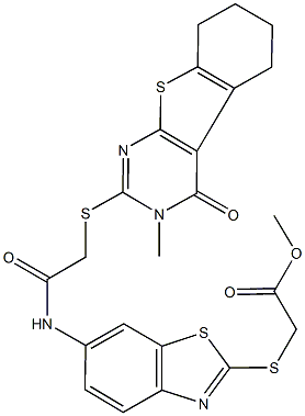 methyl {[6-({[(3-methyl-4-oxo-3,4,5,6,7,8-hexahydro[1]benzothieno[2,3-d]pyrimidin-2-yl)sulfanyl]acetyl}amino)-1,3-benzothiazol-2-yl]sulfanyl}acetate Struktur