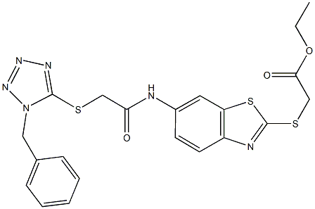 ethyl {[6-({[(1-benzyl-1H-tetraazol-5-yl)sulfanyl]acetyl}amino)-1,3-benzothiazol-2-yl]sulfanyl}acetate Struktur