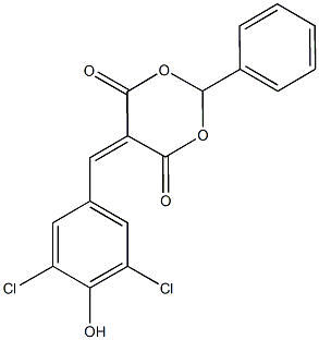 5-(3,5-dichloro-4-hydroxybenzylidene)-2-phenyl-1,3-dioxane-4,6-dione Struktur