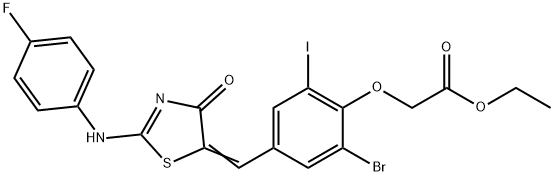 ethyl [2-bromo-4-({2-[(4-fluorophenyl)imino]-4-oxo-1,3-thiazolidin-5-ylidene}methyl)-6-iodophenoxy]acetate Struktur