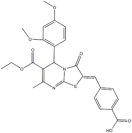 4-[(5-(2,4-dimethoxyphenyl)-6-(ethoxycarbonyl)-7-methyl-3-oxo-5H-[1,3]thiazolo[3,2-a]pyrimidin-2(3H)-ylidene)methyl]benzoic acid Struktur