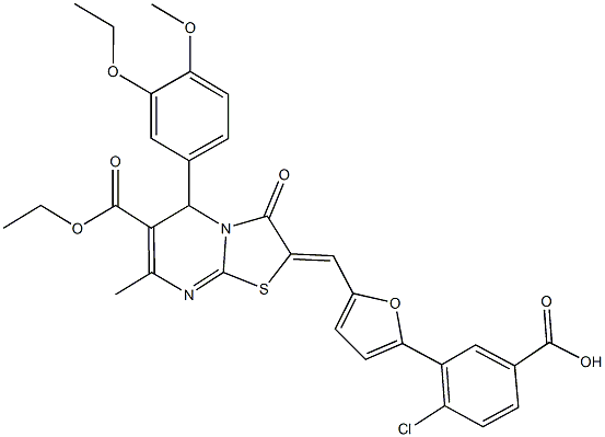 4-chloro-3-{5-[(6-(ethoxycarbonyl)-5-(3-ethoxy-4-methoxyphenyl)-7-methyl-3-oxo-5H-[1,3]thiazolo[3,2-a]pyrimidin-2(3H)-ylidene)methyl]-2-furyl}benzoic acid Struktur