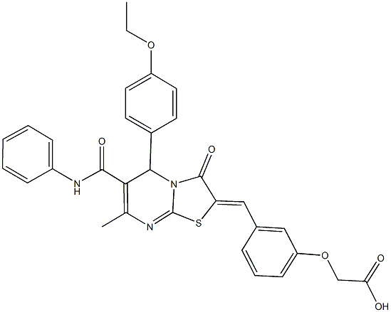 {3-[(6-(anilinocarbonyl)-5-(4-ethoxyphenyl)-7-methyl-3-oxo-5H-[1,3]thiazolo[3,2-a]pyrimidin-2(3H)-ylidene)methyl]phenoxy}acetic acid Struktur