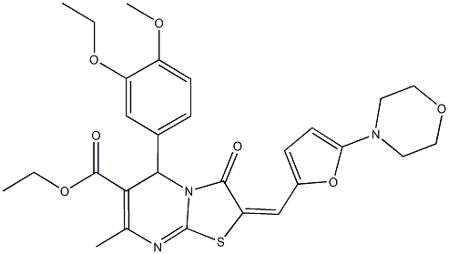 ethyl 5-(3-ethoxy-4-methoxyphenyl)-7-methyl-2-{[5-(4-morpholinyl)-2-furyl]methylene}-3-oxo-2,3-dihydro-5H-[1,3]thiazolo[3,2-a]pyrimidine-6-carboxylate Struktur