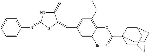 2-bromo-6-methoxy-4-{[4-oxo-2-(phenylimino)-1,3-thiazolidin-5-ylidene]methyl}phenyl 1-adamantanecarboxylate Struktur