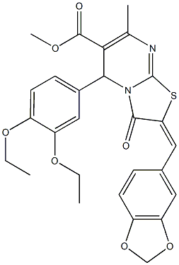 methyl 2-(1,3-benzodioxol-5-ylmethylene)-5-(3,4-diethoxyphenyl)-7-methyl-3-oxo-2,3-dihydro-5H-[1,3]thiazolo[3,2-a]pyrimidine-6-carboxylate Struktur