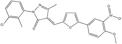 2-(3-chloro-2-methylphenyl)-4-[(5-{3-nitro-4-methoxyphenyl}-2-furyl)methylene]-5-methyl-2,4-dihydro-3H-pyrazol-3-one Struktur