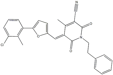 5-{[5-(3-chloro-2-methylphenyl)-2-furyl]methylene}-4-methyl-2,6-dioxo-1-(2-phenylethyl)-1,2,5,6-tetrahydro-3-pyridinecarbonitrile Struktur