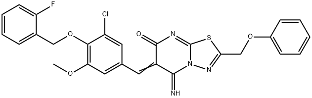 6-{3-chloro-4-[(2-fluorobenzyl)oxy]-5-methoxybenzylidene}-5-imino-2-(phenoxymethyl)-5,6-dihydro-7H-[1,3,4]thiadiazolo[3,2-a]pyrimidin-7-one Struktur