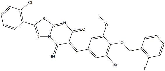 6-{3-bromo-4-[(2-fluorobenzyl)oxy]-5-methoxybenzylidene}-2-(2-chlorophenyl)-5-imino-5,6-dihydro-7H-[1,3,4]thiadiazolo[3,2-a]pyrimidin-7-one Struktur