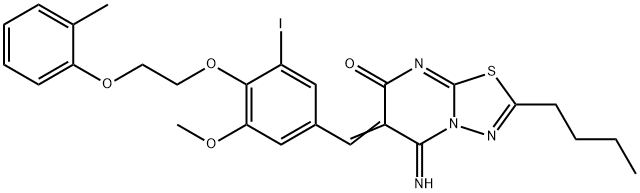 2-butyl-5-imino-6-{3-iodo-5-methoxy-4-[2-(2-methylphenoxy)ethoxy]benzylidene}-5,6-dihydro-7H-[1,3,4]thiadiazolo[3,2-a]pyrimidin-7-one Struktur