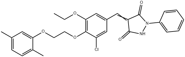 4-{3-chloro-4-[2-(2,5-dimethylphenoxy)ethoxy]-5-ethoxybenzylidene}-1-phenyl-3,5-pyrazolidinedione Struktur