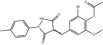 2-bromo-4-{[1-(4-iodophenyl)-3,5-dioxo-4-pyrazolidinylidene]methyl}-6-methoxyphenyl acetate Struktur