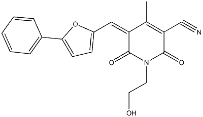 1-(2-hydroxyethyl)-4-methyl-2,6-dioxo-5-[(5-phenyl-2-furyl)methylene]-1,2,5,6-tetrahydro-3-pyridinecarbonitrile Struktur