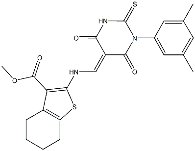 methyl 2-{[(1-(3,5-dimethylphenyl)-4,6-dioxo-2-thioxotetrahydro-5(2H)-pyrimidinylidene)methyl]amino}-4,5,6,7-tetrahydro-1-benzothiophene-3-carboxylate Struktur