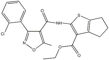 ethyl 2-({[3-(2-chlorophenyl)-5-methyl-4-isoxazolyl]carbonyl}amino)-5,6-dihydro-4H-cyclopenta[b]thiophene-3-carboxylate Struktur