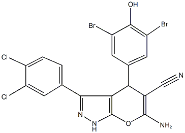 6-amino-4-(3,5-dibromo-4-hydroxyphenyl)-3-(3,4-dichlorophenyl)-1,4-dihydropyrano[2,3-c]pyrazole-5-carbonitrile Struktur