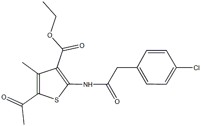 ethyl 5-acetyl-2-{[(4-chlorophenyl)acetyl]amino}-4-methyl-3-thiophenecarboxylate Struktur