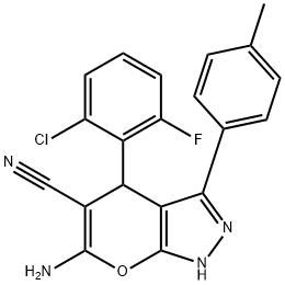 6-amino-4-(2-chloro-6-fluorophenyl)-3-(4-methylphenyl)-1,4-dihydropyrano[2,3-c]pyrazole-5-carbonitrile Struktur