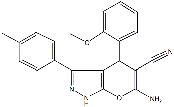 6-amino-4-(2-methoxyphenyl)-3-(4-methylphenyl)-1,4-dihydropyrano[2,3-c]pyrazole-5-carbonitrile Struktur