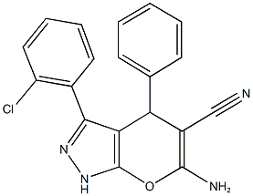 6-amino-3-(2-chlorophenyl)-4-phenyl-1,4-dihydropyrano[2,3-c]pyrazole-5-carbonitrile Struktur