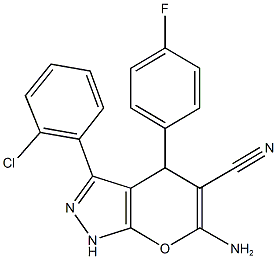 6-amino-3-(2-chlorophenyl)-4-(4-fluorophenyl)-1,4-dihydropyrano[2,3-c]pyrazole-5-carbonitrile Struktur