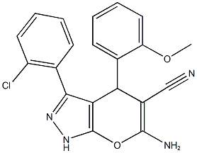 6-amino-3-(2-chlorophenyl)-4-(2-methoxyphenyl)-1,4-dihydropyrano[2,3-c]pyrazole-5-carbonitrile Struktur