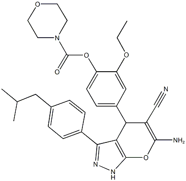 4-[6-amino-5-cyano-3-(4-isobutylphenyl)-1,4-dihydropyrano[2,3-c]pyrazol-4-yl]-2-ethoxyphenyl morpholine-4-carboxylate Struktur