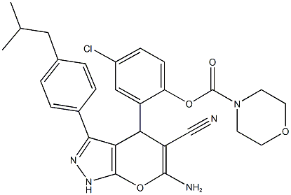 2-[6-amino-5-cyano-3-(4-isobutylphenyl)-1,4-dihydropyrano[2,3-c]pyrazol-4-yl]-4-chlorophenyl morpholine-4-carboxylate Struktur