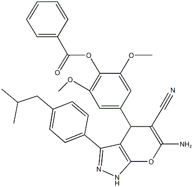 4-[6-amino-5-cyano-3-(4-isobutylphenyl)-1,4-dihydropyrano[2,3-c]pyrazol-4-yl]-2,6-dimethoxyphenyl benzoate Struktur