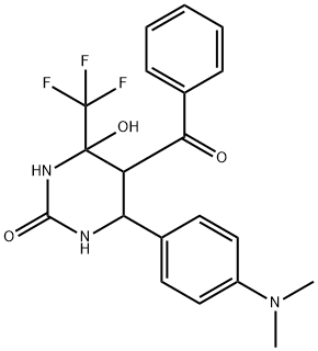 5-benzoyl-6-[4-(dimethylamino)phenyl]-4-hydroxy-4-(trifluoromethyl)tetrahydropyrimidin-2(1H)-one Struktur