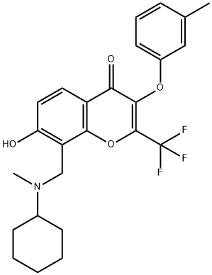 8-{[cyclohexyl(methyl)amino]methyl}-7-hydroxy-3-(3-methylphenoxy)-2-(trifluoromethyl)-4H-chromen-4-one Struktur