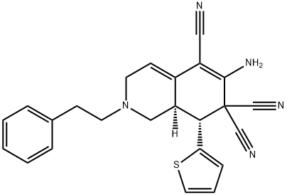 6-amino-2-(2-phenylethyl)-8-(2-thienyl)-2,3,8,8a-tetrahydro-5,7,7(1H)-isoquinolinetricarbonitrile Struktur