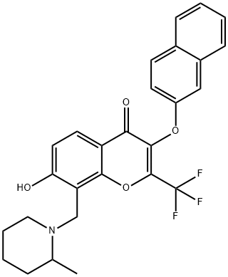 7-hydroxy-8-[(2-methyl-1-piperidinyl)methyl]-3-(2-naphthyloxy)-2-(trifluoromethyl)-4H-chromen-4-one Struktur