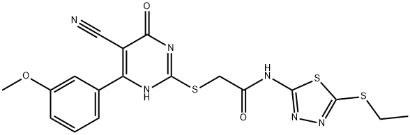 2-{[5-cyano-4-(3-methoxyphenyl)-6-oxo-1,6-dihydro-2-pyrimidinyl]sulfanyl}-N-[5-(ethylsulfanyl)-1,3,4-thiadiazol-2-yl]acetamide Struktur