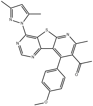 1-[4-(3,5-dimethyl-1H-pyrazol-1-yl)-9-(4-methoxyphenyl)-7-methylpyrido[3',2':4,5]thieno[3,2-d]pyrimidin-8-yl]ethanone Struktur