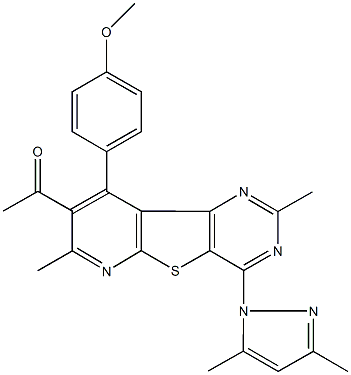 1-[4-(3,5-dimethyl-1H-pyrazol-1-yl)-9-(4-methoxyphenyl)-2,7-dimethylpyrido[3',2':4,5]thieno[3,2-d]pyrimidin-8-yl]ethanone Struktur