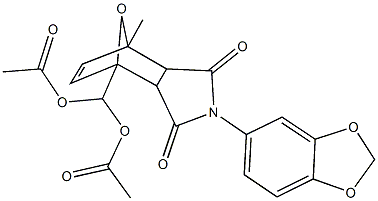 (acetyloxy)[4-(1,3-benzodioxol-5-yl)-7-methyl-3,5-dioxo-10-oxa-4-azatricyclo[5.2.1.0~2,6~]dec-8-en-1-yl]methyl acetate Struktur