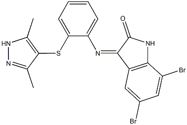 5,7-dibromo-3-({2-[(3,5-dimethyl-1H-pyrazol-4-yl)sulfanyl]phenyl}imino)-1,3-dihydro-2H-indol-2-one Struktur