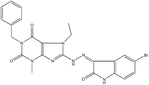 1-benzyl-8-[2-(5-bromo-2-oxo-1,2-dihydro-3H-indol-3-ylidene)hydrazino]-7-ethyl-3-methyl-3,7-dihydro-1H-purine-2,6-dione Struktur