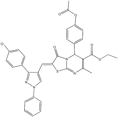 ethyl 5-[4-(acetyloxy)phenyl]-2-{[3-(4-chlorophenyl)-1-phenyl-1H-pyrazol-4-yl]methylene}-7-methyl-3-oxo-2,3-dihydro-5H-[1,3]thiazolo[3,2-a]pyrimidine-6-carboxylate Struktur