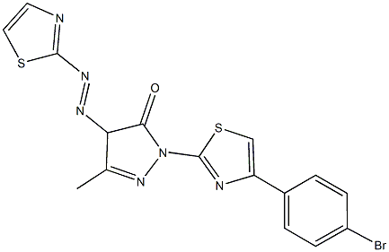 2-[4-(4-bromophenyl)-1,3-thiazol-2-yl]-5-methyl-4-(1,3-thiazol-2-yldiazenyl)-2,4-dihydro-3H-pyrazol-3-one Struktur