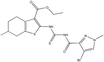 ethyl 2-[({[(4-bromo-1-methyl-1H-pyrazol-3-yl)carbonyl]amino}carbothioyl)amino]-6-methyl-4,5,6,7-tetrahydro-1-benzothiophene-3-carboxylate Struktur